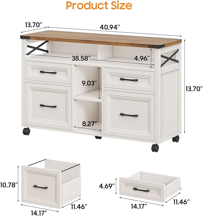Vabches Farmhouse Filing Cabinet with Adjustable Shelf & Wheels, Lateral File Cabinets, Office Storage Cabinet with 4 Drawers and Open Storage Space, for Hanging Files Letter/A4, for Home Office