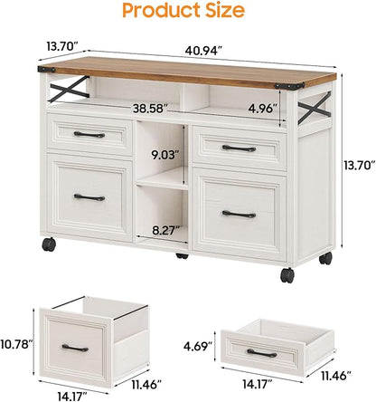 Vabches Farmhouse Filing Cabinet with Adjustable Shelf & Wheels, Lateral File Cabinets, Office Storage Cabinet with 4 Drawers and Open Storage Space, for Hanging Files Letter/A4, for Home Office