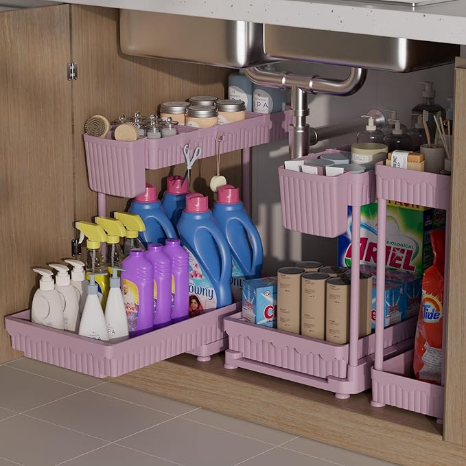 3 Pack Multi-Purpose Under Sink Organizers and Storage, 2026 L-Shaped Pull Out Cabinet Organizer for Bathroom & Kitchen, Under Cabinet Organizer with Hooks Hanging Cup (Pink, 14.85 inch)