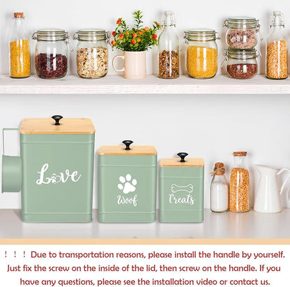 Metal Dog Treat Containers Set of 3 with Bamboo Lids and Spoon Airtight 7+3+2 lbs Dog Food Snack Jars with DIY Labels Big Pet Cookie Storage Jar for Kitchen Counter (Sage Green,Cute)