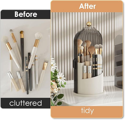 Makeup Brush Holder with Lid 360 Rotating Clear Dustproof Make Up Organizers for Vanity Bathroom Countertop, Gray