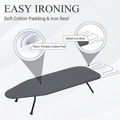 Metal Mesh Panel Tabletop Ironing Board | Foldable Iron Board | Heavy Duty Small Iron Board with Heat Resistant Cover and 100% Cotton 8mm Thicken Pad | 31.5"x11.8"x6.2"