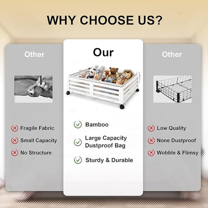 Under Bed Storage with Wheels-Large Bamboo Underbed storage Containers with Large Dust Bag Stackable Under the Bed Shoe Storage Bins for Clothes Books Bedding (2 Packs White, 23.62"L×16.54"W× 6.51"H)