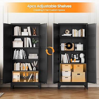 72" Tall Kitchen Cabinet Storage Unit With 2 Doors and 4 Adjustable Shelves, Metal Black Freestanding Cupboard, 5 Tier Kitchen Pantry Storage Cabinet for Kitchen Dining/Living Room/Garage/Home/Office