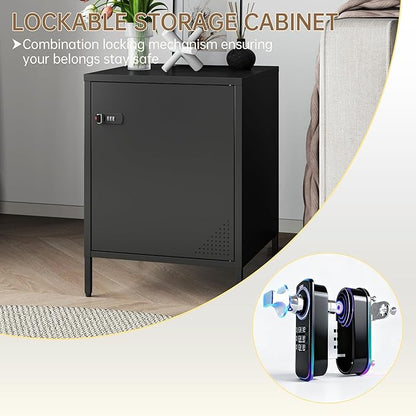 Metal Nightstand Single Door Locker Metal End Table Lockable Bedside Storage Cabinet for Living Room, Bedroom, Dorm, 21.26”H X 15.75”W X 15.75”D (1 Door, Black)
