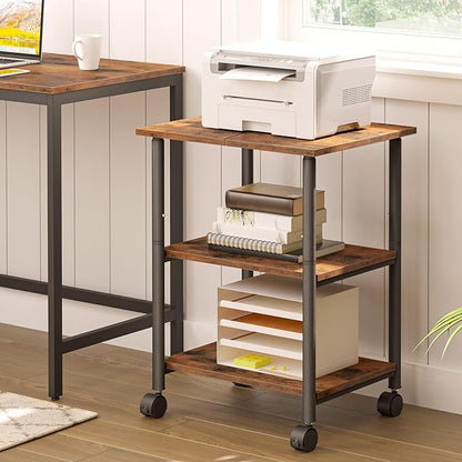 HOOBRO Printer Stand, 3-Tier Industrial Under Desk Printer Cart with Shelf, Mobile Heavy Duty Storage Rack on Wheels for Home, Office Rustic Brown and Black BF03PS01G1