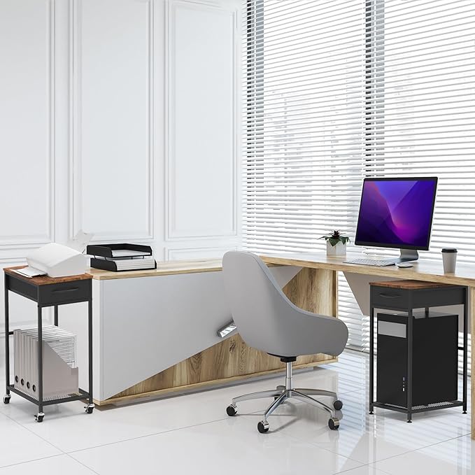 Computer Tower Stand PC Tower Stand with Storage Drawer 2 Tier Wood Rolling CPU Holder Stand Mobile Printer Cart on Wheels for Home Office, Industiral Brown and Black