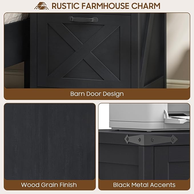 3 Drawer Small File Cabinet, Farmhouse Vertical Filing Cabinet Fits Letter and A4 Size, Under Desk Wooden File Cabinets for Home Office, Printer Stand, Black