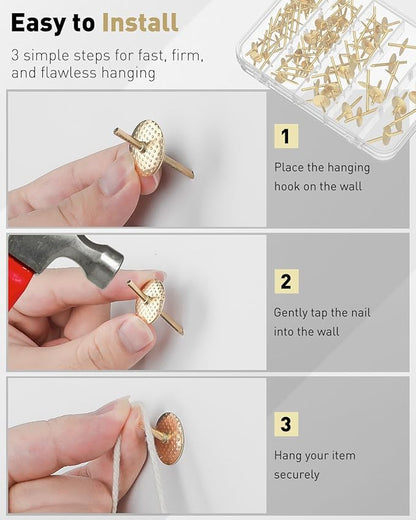 Uniclife 60 Pcs Picture Hangers, Picture Hanging Kit, 4 Size Picture Hanging Hooks, Picture Hanging Nails, Long Picture Hooks for Photo Frame Art Mirror and Décor, Gold