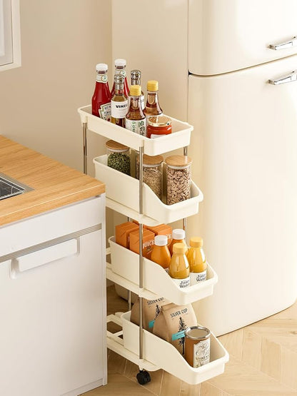 Slim Storage Cart 4 Tier Slim Rolling Utility Cart with Pull-Out Baskets & Wheels for Narrow Space in Kitchen Dining Room Bathroom Laundry Room Cream White (Width 6.3 Inches)