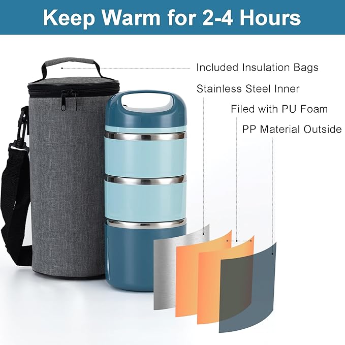 Lille Home 3-Layer Stainless Steel Lunch Box 1.43L- Leakproof, BPA-Free Insulated Bento Box for On-the-Go Meal Prep, Stackable Food Container for Women & Men