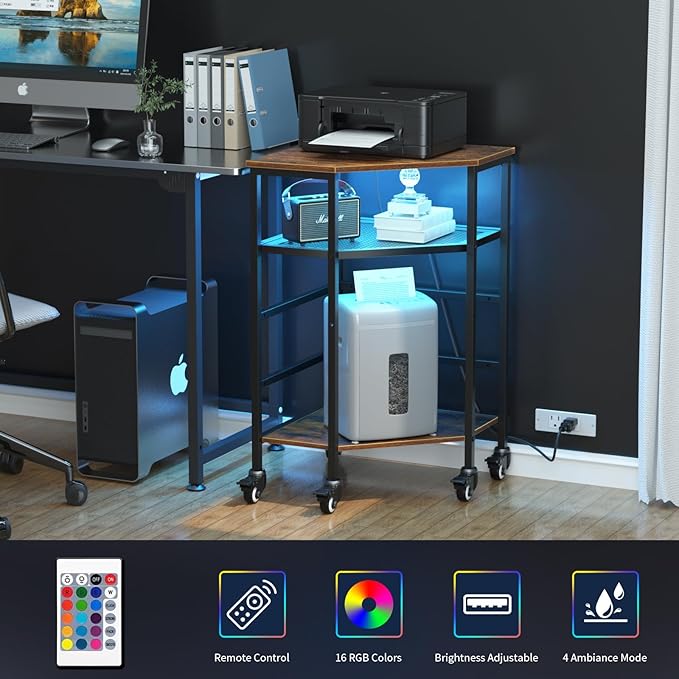 HAIOOU Corner Printer Stand Table with Power Outlet Charging Plugs USB Port & LED Lights, 3-Tier Corner Table with Wheel, Metal Frame Adjustable Storage Shelf for Home Office Kitchen