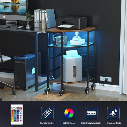 HAIOOU Corner Printer Stand Table with Power Outlet Charging Plugs USB Port & LED Lights, 3-Tier Corner Table with Wheel, Metal Frame Adjustable Storage Shelf for Home Office Kitchen