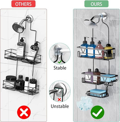 Over the Shower Head Caddy with 2 Baskets & Soap Holder, Non-Slip Design for 0.82-Inch Showers, Black, Stainless Steel