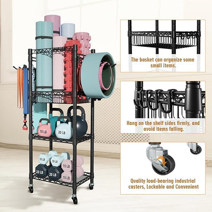 FUTASSI Home Gym Storage, 3 Tiers Workout Equipment Organizer with Wheels for Yoga Mats, Foam Roller, Dumbbells, Kettlebells, and Resistance Bands