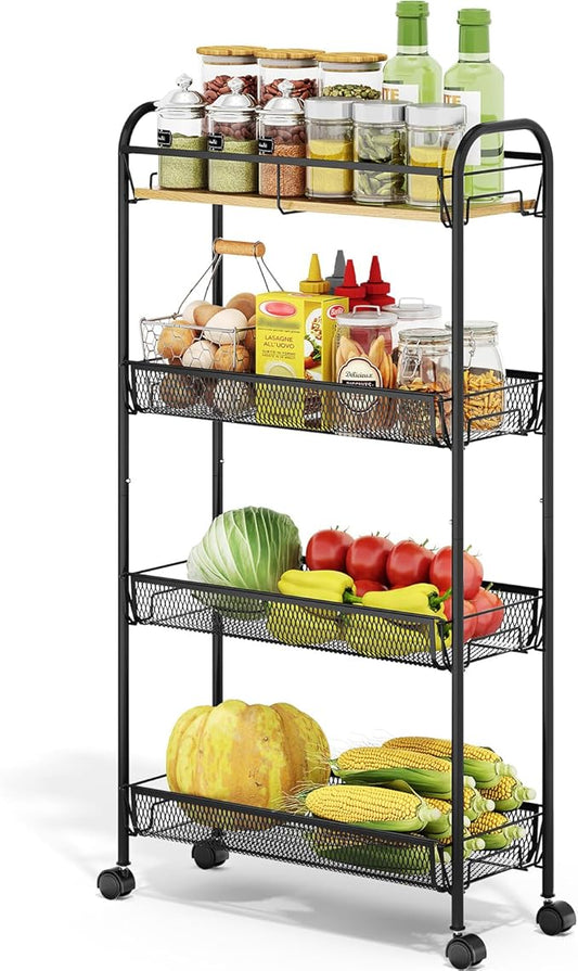 TOOLF 4-Tier Slim Rolling Cart, Metal Utility Cart, Slide Out Storage Cart with Wooden Tabletop and Mesh Baskets for Narrow Space on Kitchen Bathroom Laundry Room Bedroom Apartments Dormitory