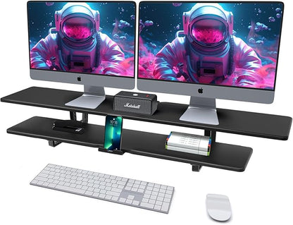 Dual Monitor Stand, 2-Tier Wood Monitor Riser with Storage Organizer and Cable Management, Black