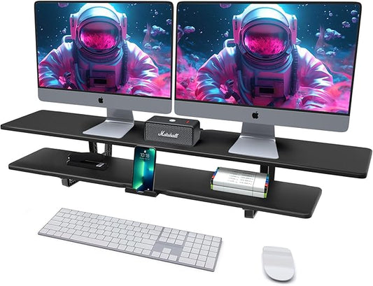 Dual Monitor Stand, 2-Tier Wood Monitor Riser with Storage Organizer and Cable Management, Black
