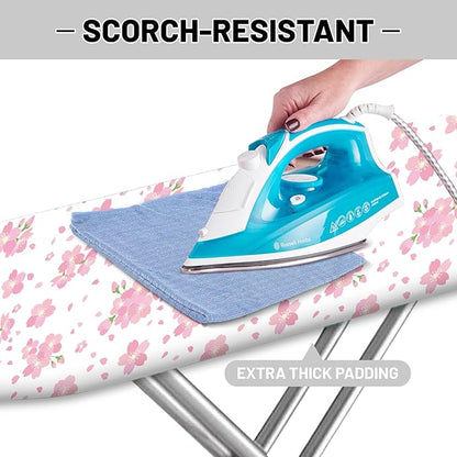 Extra Thick Ironing Board Cover and Pad, Cherry Blossoms 15x54 Ironing Board Cover, Resist Scorching and Staining,Elastic Edges,Pink Floral Leaves Spring Flower White