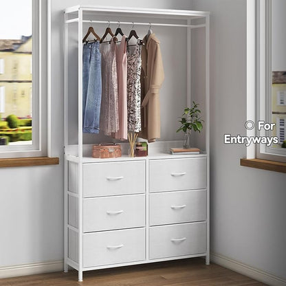 6 Dresser Drawer with Hanging Rack, 2-in-1Tall Dresser for Bedroom/Closet, Fabric Dressers & Chests of Drawers, Sturdy Alloy Steel Frame, Space Saving Closet Organizer