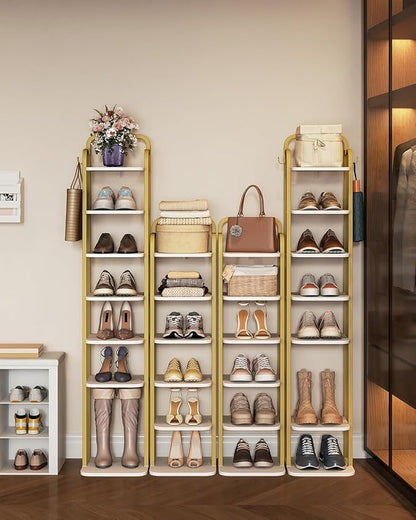 6 Tiers Vertical Shoe Rack, Narrow Shoe Tower, Tall Shoes Shelf with 2 Hooks, Adjustable Shelves, Corner Shoes Shelves for Small Spaces, Entryway, Living Room, White Gold SR04213A