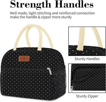 Coobiiya Lunch Bag Women,Lunch Box LunchBag for Women Adult Men, Small Leakproof Cute Lunch Tote Large Capacity Reusable Insulated Cooler Lunch Container for Work/Office/Picnic/Travel-Black Polka Dot