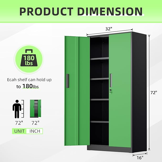 Bonusall 72" Metal Garage Storage Cabinet, 2 Locking Doors & 4 Adjustable Shelves Tall Storage, Heavy Duty Steel Tool Cabinet for Home, Office, Warehouse, School (Black Green)