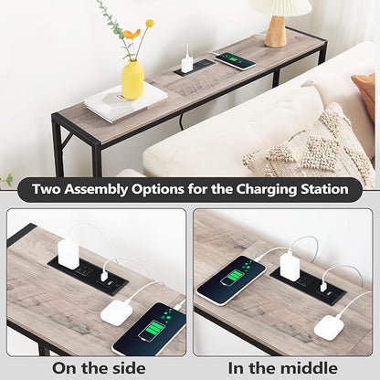 Sofa Table with Power Outlet, 43.7" Console Table with USB Ports, Behind Couch Table, Entryway Table for Living Room, Entryway, Foyer, Metal Frame, Adjustable Feet, Greige CTHG11E01Z1N1