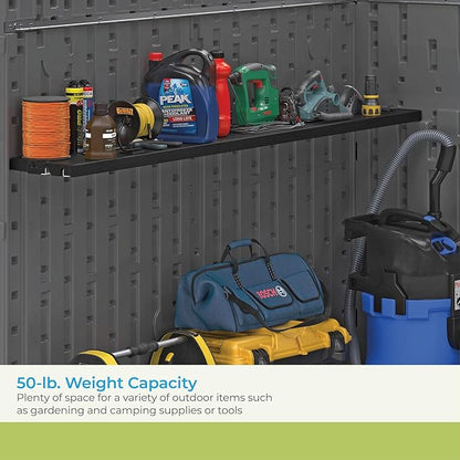 Suncast Horizontal or XL Vertical Shed Shelf Kit, Space Saving Shelving for Wall Mount Outdoor Storage Structures, 50" W x 10.25" D x 1.25" H, Black