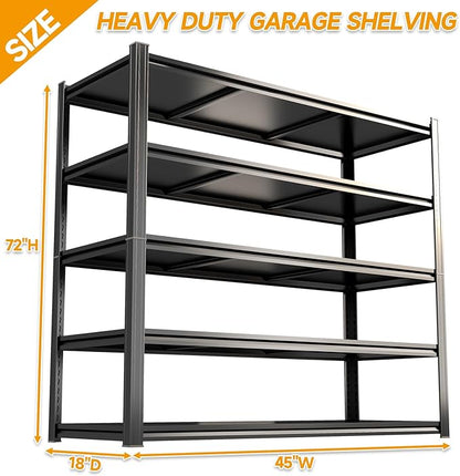 Heavy Duty Metal Garage Shelving Unit, 5 - Tier Adjustable Storage Shelves, 3000LBS Load Capacity Utility Shelf, Ideal for Garage, Basement, Warehouse, Pantry, Tool Organization, 45" W, Black
