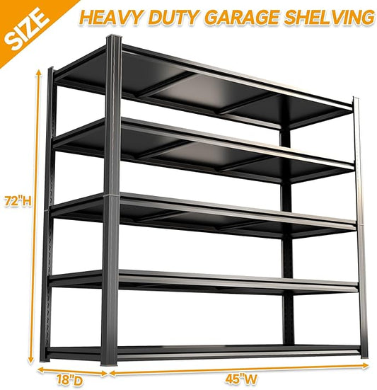 Heavy Duty Metal Garage Shelving Unit, 5 - Tier Adjustable Storage Shelves, 3000LBS Load Capacity Utility Shelf, Ideal for Garage, Basement, Warehouse, Pantry, Tool Organization, 45" W, Black