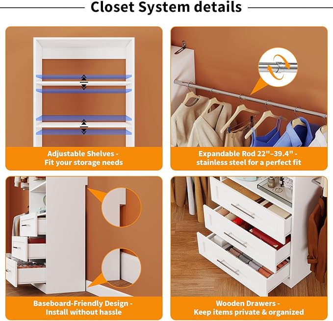 Closet System with 2 Sets, 4FT Closet Organizer Systems with 3 Wooden Drawers 7 Shelves & 3 Hanging Rods, Walk in Closet freestanding Corner Modular Closet Storage System White (4FT)