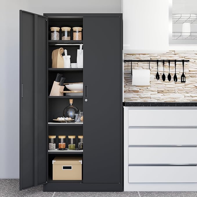 CMY Metal Storage Cabinet, 71" H Locking Cabinet with 5 Adjustable Shelves, Garage Cabinets for Office, Home, Pantry-Black