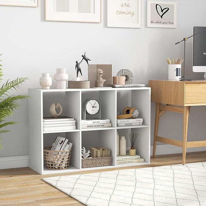 Giantex 6-Cube Bookcase, White Cubby Bookshelf w/Back Guardrail & Anti-Tipping Kits, 9-Tier Freestanding Storage Organizer with Shelves, Open Back Display Rack for Living Room, Bedroom, Study