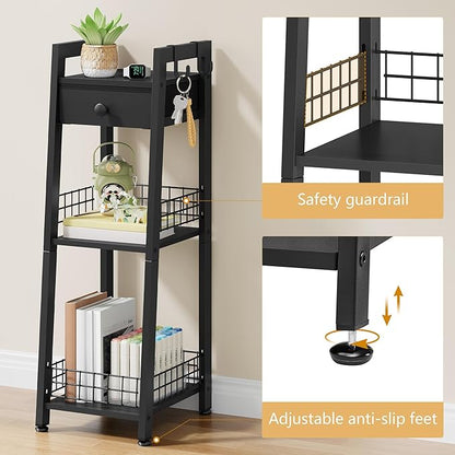 3-Tier Narrow Ladder Shelf with Drawer, Bathroom Table Stand for Small Space, Narrow Bathroom Standing Shelves with Storage for Living Room Bedroom Kitchen, Black