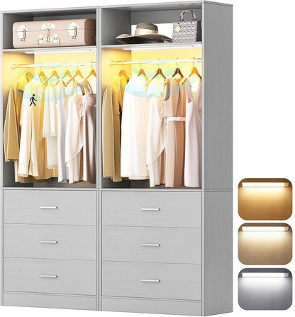 4FT Closet System with 2 Motion Sensor LED Lights, 48" Closet Systems with 6 Drawers, Closet Organizer System with 2 Hanging Rods & 2 Shelves, Heavy Duty 48 Inch Walk-in Closet, Grey