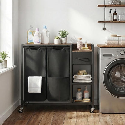 HOOBRO 2 Section Laundry Sorter with Shelf, 24 Gal. (90.8 L) Laundry Hamper with Wheels, Rolling Laundry Basket with Fabric Drawer, 3-Tier Shelves, Side Pockets, Black and Rustic Brown BF27XY01