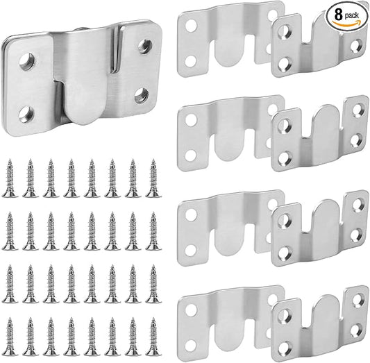 4 Pairs Stainless Steel Flush Mount Bracket, Interlocking Heavy Duty Photo Frame Hook, Interlocking Furniture Connector for Hanging Headboards Large Picture Display Wall Mount Hardware