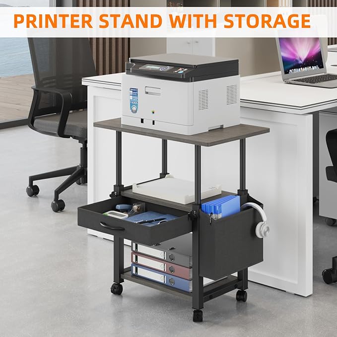 YAOHUOO 22"x15" Large Printer Stand with Drawer and-side Bag, Adjustable 3-Tier Printer Cart for Home Office, Rolling Printer Stand Fit Heat Press/Laser/3D Printer (Grey)