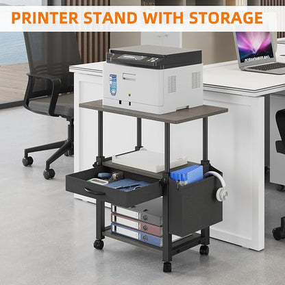 YAOHUOO 22"x15" Large Printer Stand with Drawer and-side Bag, Adjustable 3-Tier Printer Cart for Home Office, Rolling Printer Stand Fit Heat Press/Laser/3D Printer (Grey)