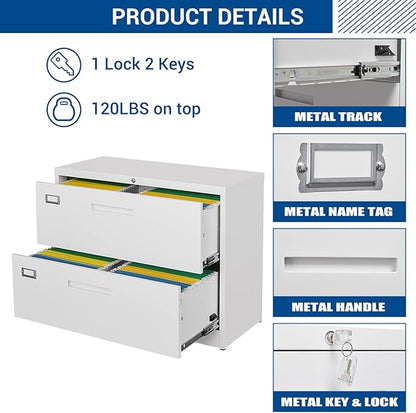Lateral File Cabinet with Lock, 2 Drawer Large Metal Filing Cabinet,Home Office Lockable Storage Cabinet for Hanging Files Letter/Legal/F4/A4 Size-Assembly Required