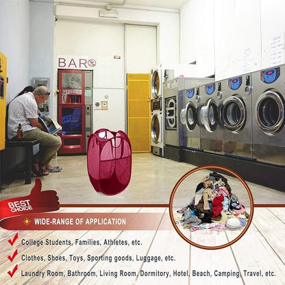 Strong Mesh Pop-up Laundry Hamper, Quality Laundry Basket with Durable Handles Solid Bottom High Carbon Steel Frame, Easy to Open and Fold Flat for Storage (Red)