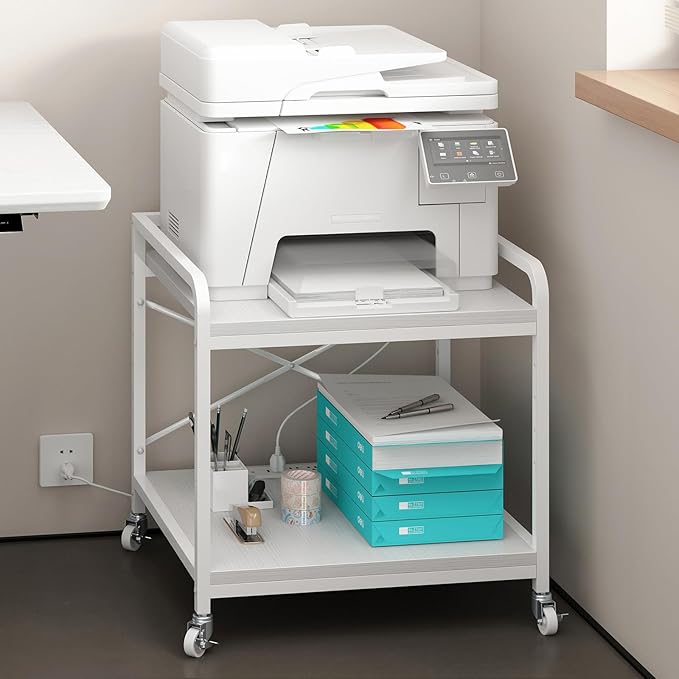 Under Desk Printer Stand with Power Outlet Large Printer Table with Adjustable Shelf,Industrial Wheels, 20 Inches Deep 2 Tier Rolling Printer Cart for Home Office, White