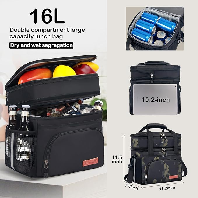 Tactical Lunch Box for Men & Women – Expandable 16L Double Deck Insulated Cooler Bag for Work, Construction & 12-Hour Shifts – Heavy Duty Leakproof Large Meal Prep Tote with Shoulder Strap