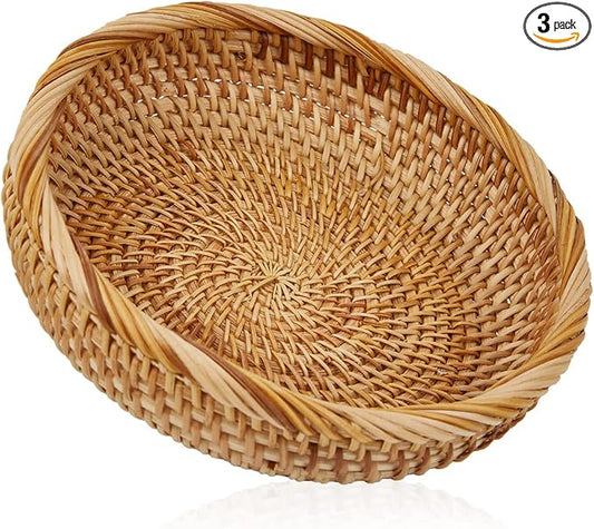 Natural Rattan Round Fruit Basket Bowls, Hand Woven Decor Serving Baskets, Wicker Storage for Dinning Room (Round-Small)＜ 7.8''(D) X1.9(H）＞