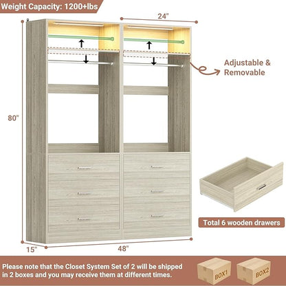 4FT Closet System with 2 Motion Sensor LED Lights, 48" Closet Systems with 6 Drawers, Closet Organizer System with 2 Hanging Rods & 2 Shelves, Heavy Duty 48 Inch Walk-in Closet, White Oak