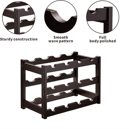 VASMIA Bamboo Wine Rack, Sturdy and Durable Wine Storage Cabinet Shelf, Wine Racks Countertop for Pantry,Kitchen,3-Tier 12 Bottles Wine Rack Brown