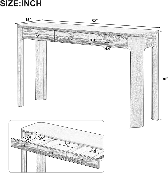 52" Rustic Console Table with Curved Corners for Safety,Entryway Table with 3 Concealed Drawers,Sturdy Sofa Table with Thick Legs for Hallway & Living Room,Natural