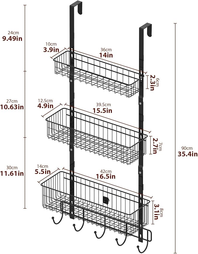 YBING Over The Door Organizer with Hooks 3 Tier Back Towel Hanger Baskets Metal Behind Hanging Storage Shelf Pantry Racks for Bedroom Bathroom Black, R01-R984