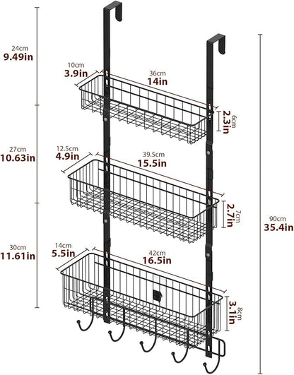 YBING Over The Door Organizer with Hooks 3 Tier Back Towel Hanger Baskets Metal Behind Hanging Storage Shelf Pantry Racks for Bedroom Bathroom Black, R01-R984